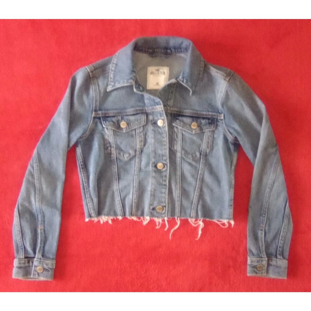 Hollister Jean Jacket Disstressed Raw Hem Cropped Womens Sz XS Preppy Grunge